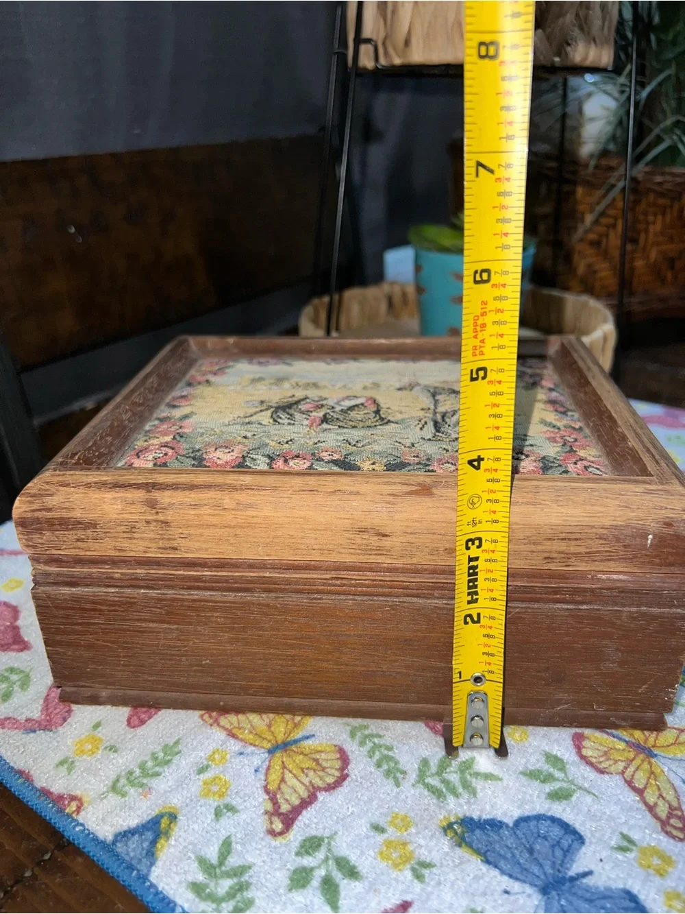 Vintage Wooden Jewelry Box Tapestry Top Yellow Velvet Lining Tray Needlepoint